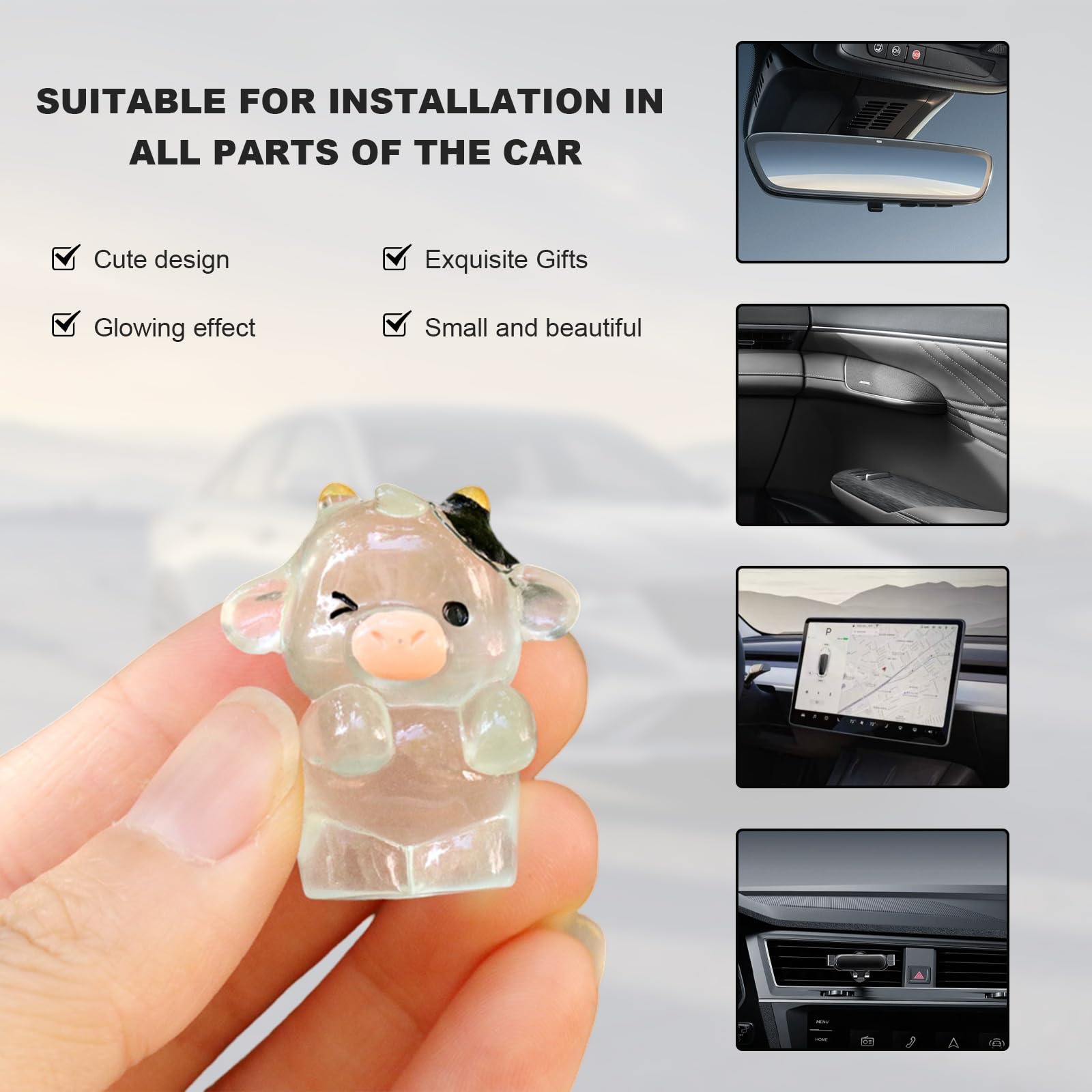6-Piece Cute Cow Car Dashboard Decor Set - Luminous Resin Ornaments For Rearview Mirror & Dashboard (Clear White) - View #6