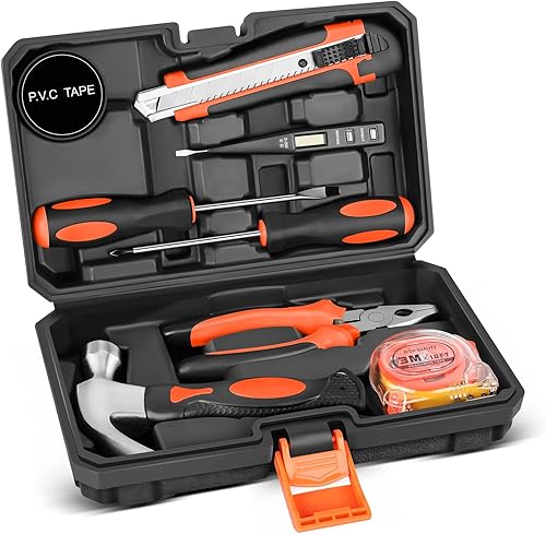 Kit de herramientas de 9 piezas para el hogar, pequeños juegos de herramientas para hombres, mujeres, mini herramientas de mano con caja de