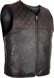 MDM Chaleco de piel para hombre con piel perforada, en negro con costuras rojas