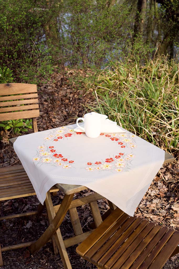 Vervaco Ricamo Punto Croce Kit Prestampato Tovaglie PAPAVERI E FIORI DI VANIGLIA Biancheria Da Tavola Set Fai Da Te Creativo 80 x 80 cm Kit Hobby Creativi Adulti Casa Decor Cross Stitch Embroidery