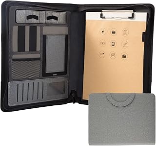 Padfolio-Ordner mit Reißverschluss, A4, multifunktionale Portfolio-Leder-Kombination, mit Notebook, Taschenrechner, Notizblock-Tasche für Damen/Herren (ohne Taschenrechner, hellgrau)