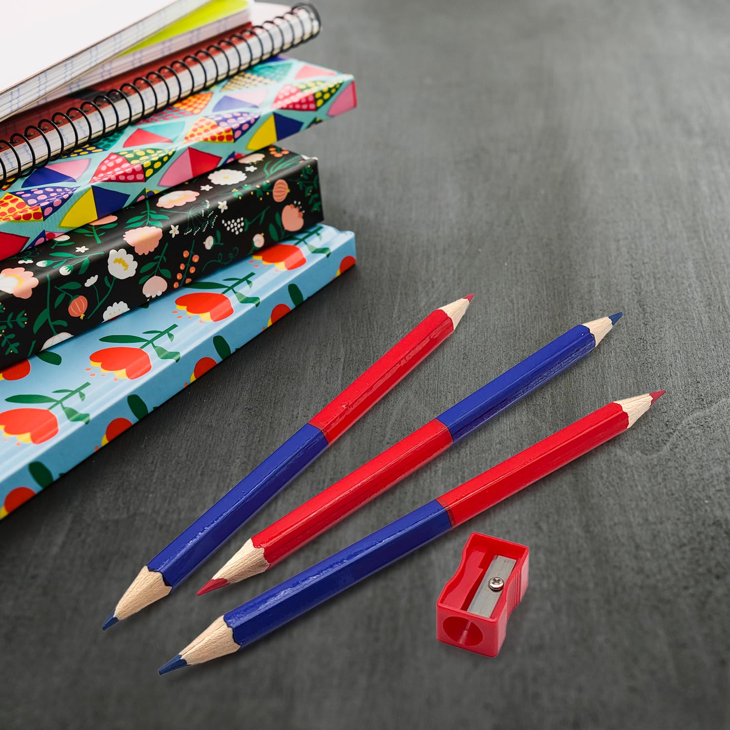 Juego de 3 lápices bicolor rojo y azul XL de 18 cm con sacapuntas incluido, sección hexagonal extra ancha y mango ergonómico para escuela, oficina y creatividad