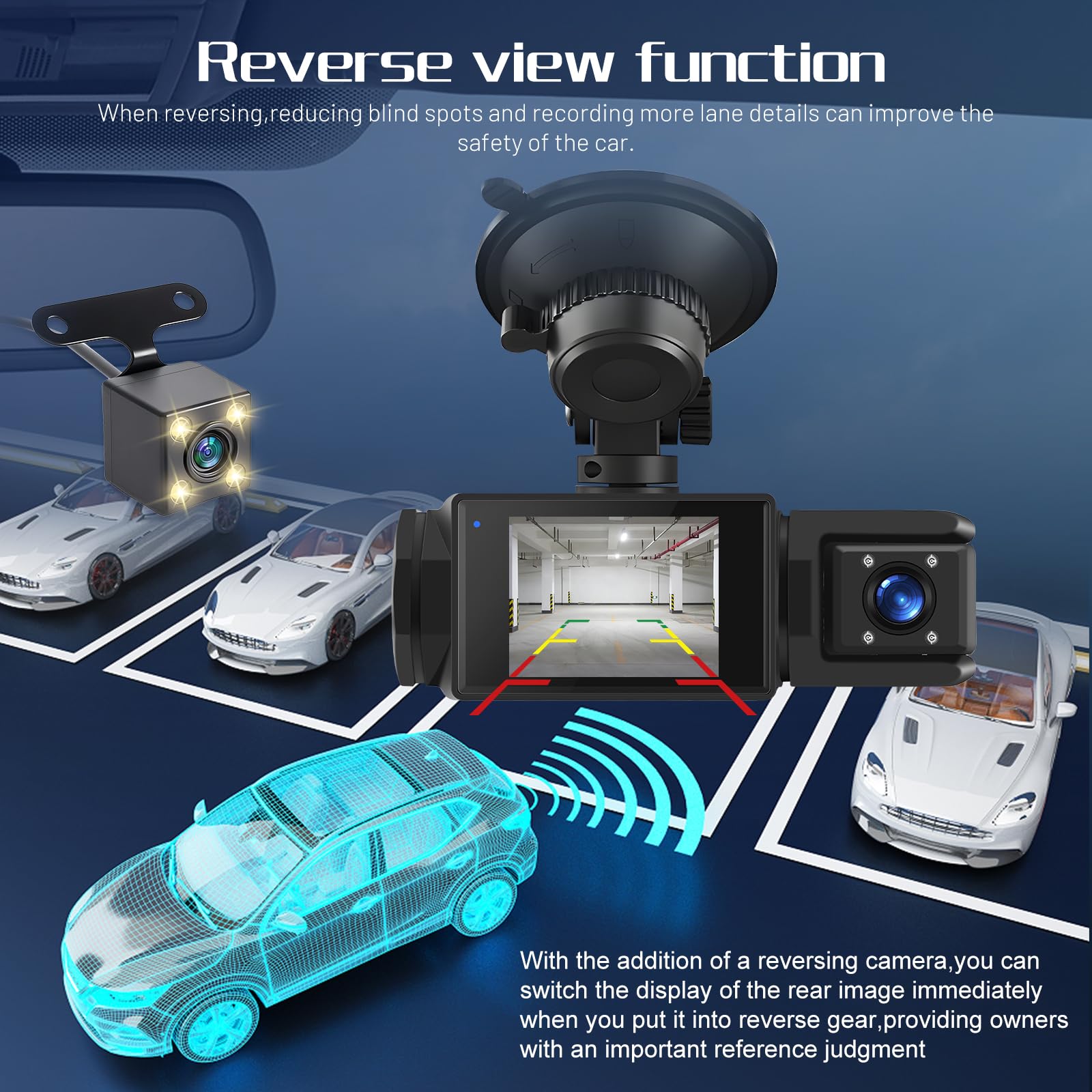 1080P WiFi Dash Cam, 3 Canali Dash Cam Anteriore e Posteriore all'interno, Full HD 2,0 Pollici Schermo IPS Dash Camera per auto con Registrazione in Loop, Visione Notturna, Rilevamento del Movimento