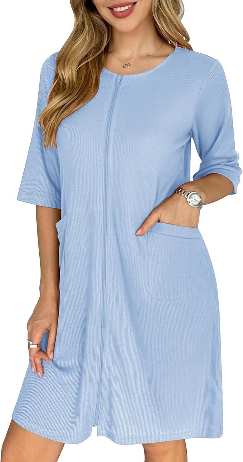 Ekouaer Zip Up Robes for Women Short Waffle Bathrobe Lightweight house coat 3/4 Sleeve Soft Nightgown with Pockets S-3XL