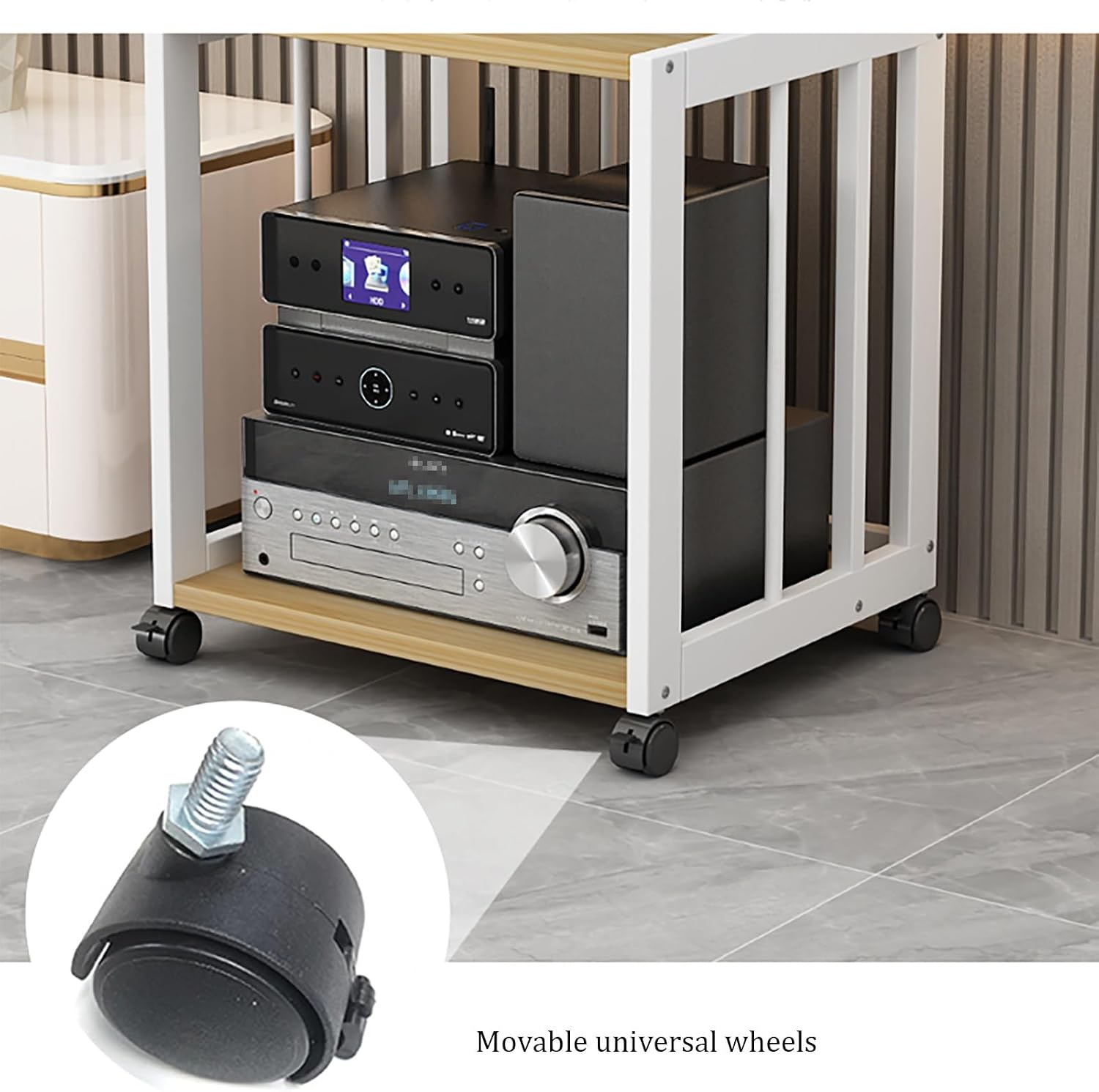 AV Component Media Stand, Media Storage Cabinet with Adjustable Shelves, Movable Video Audio Rack, Stereo Cabinet, Steel Frame, Load Bearing Capacity 200 Kg(White+Brown,2 Tier 50x40x49cm)