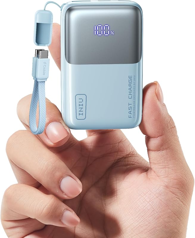 Baterie externă ultra-compactă INIU 10000 mAh, mini, 45 W, încărcător portabil cu cablu USB-C și afișaj LED albastru, ideală pentru călătorii și zboruri cu avionul