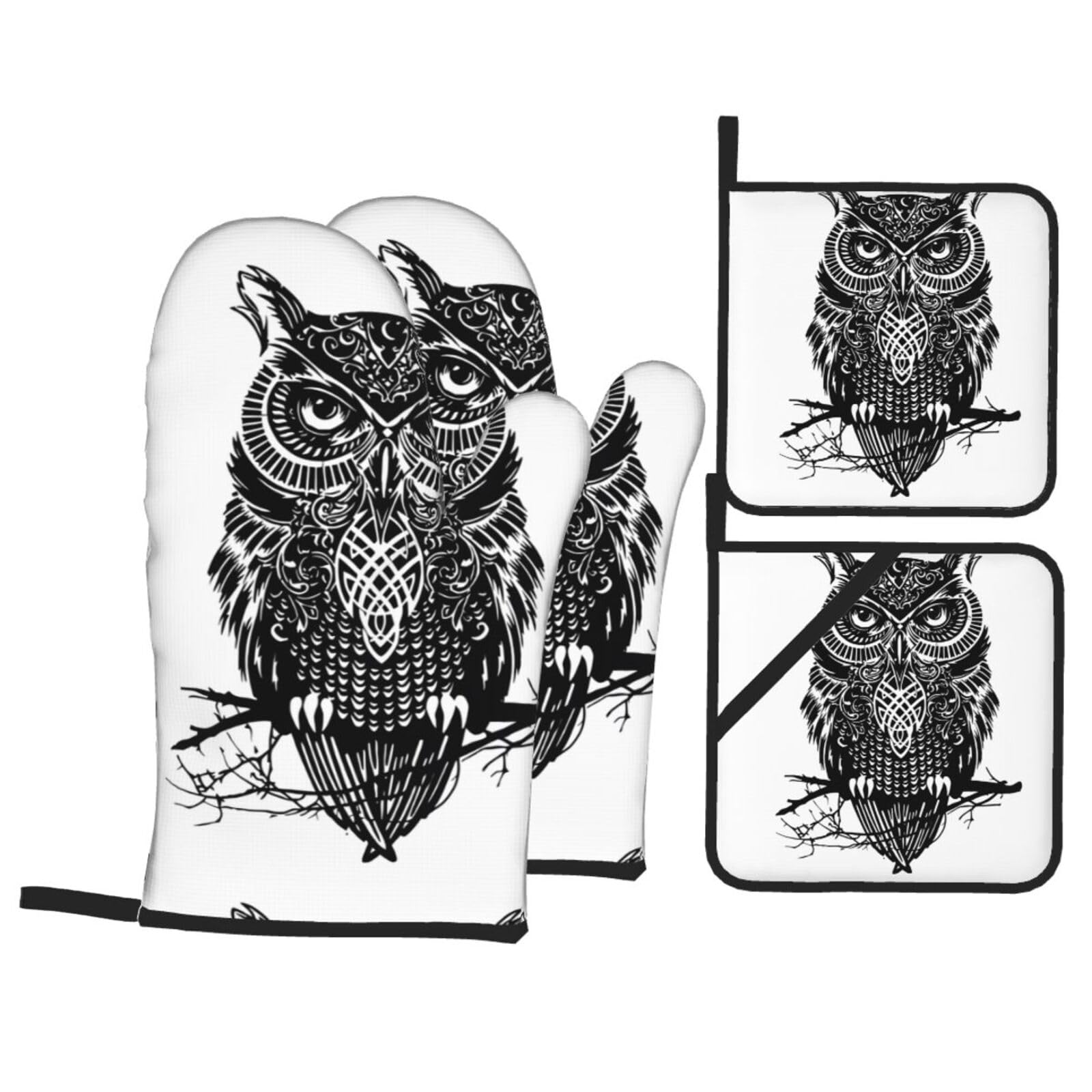 YYHHAOFA owl Prints Kitchen Baking Set with Heat Resistant Pot Holders & Oven Mitts - Waterproof Layers for Cooking, Grilling & Serving, Includes Pocket Layer