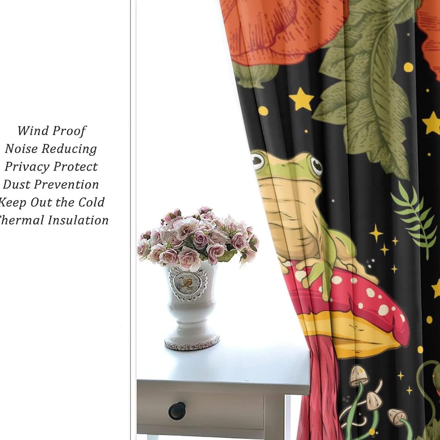 Funny Anime Frog Print Room Darkening Blackout Window Curtains with Grommets,Fantasy Galaxy Forest Mushroom Watercolor Flowers Energy Efficient Window Treatment 2 Panels 45L x 21W