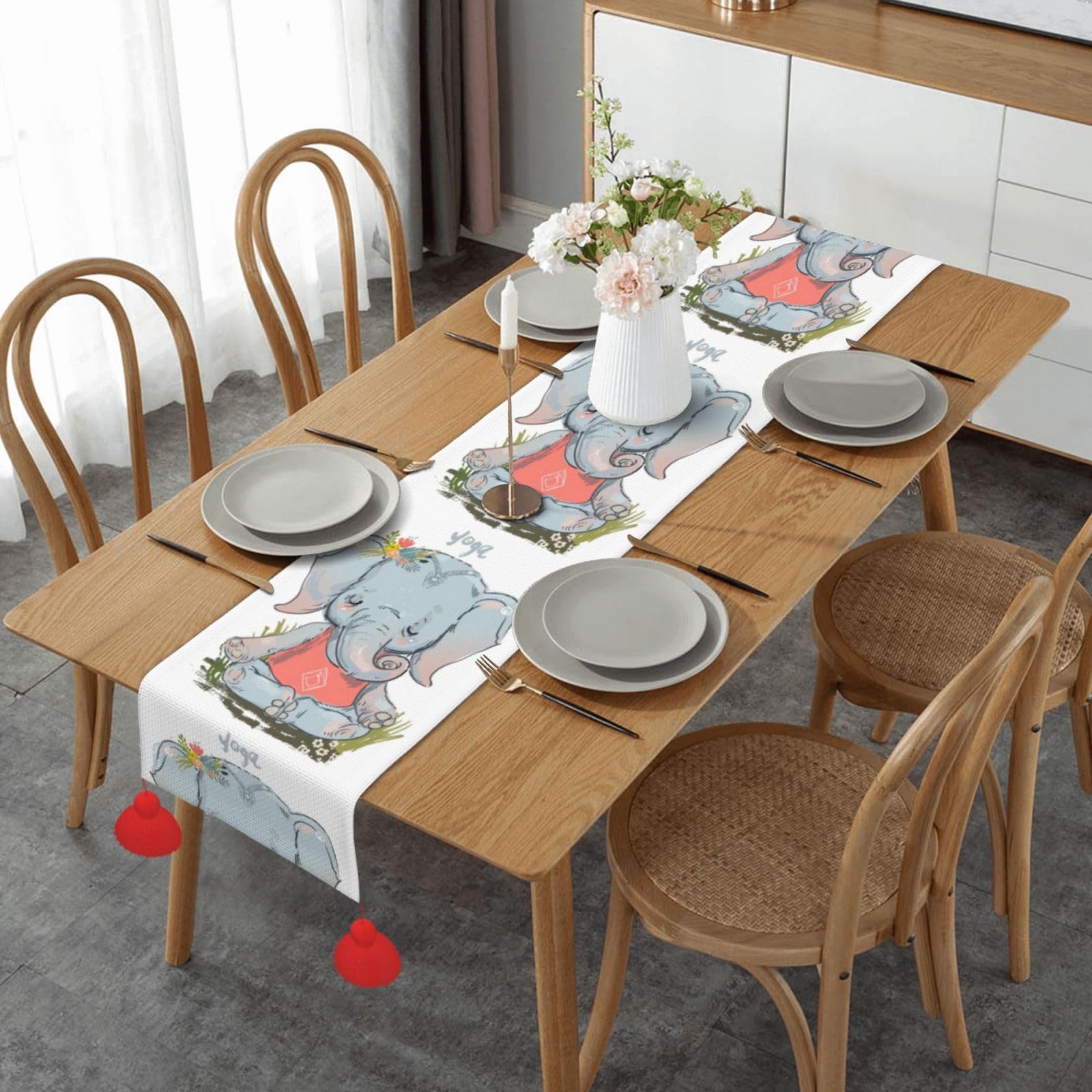 Chemin de table de Noël éléphant à pompon 35x152 cm pour repas de fête