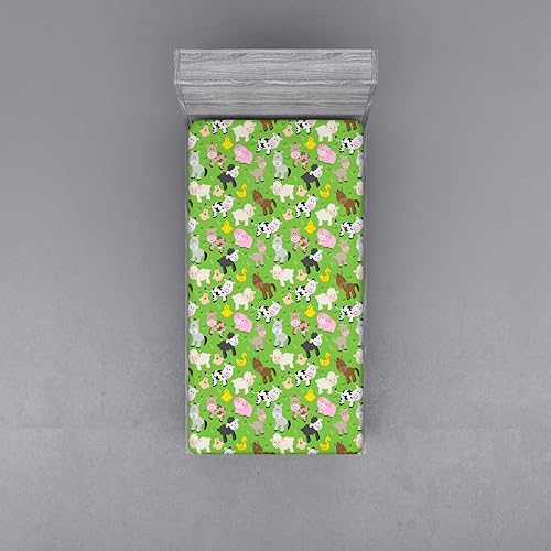 Miniatura 2 de Ambesonne Sábana bajera ajustable de cerdo, patrón temático de criaturas con vacas ovejas, pollos y patos, funda de cama con bolsillo profundo