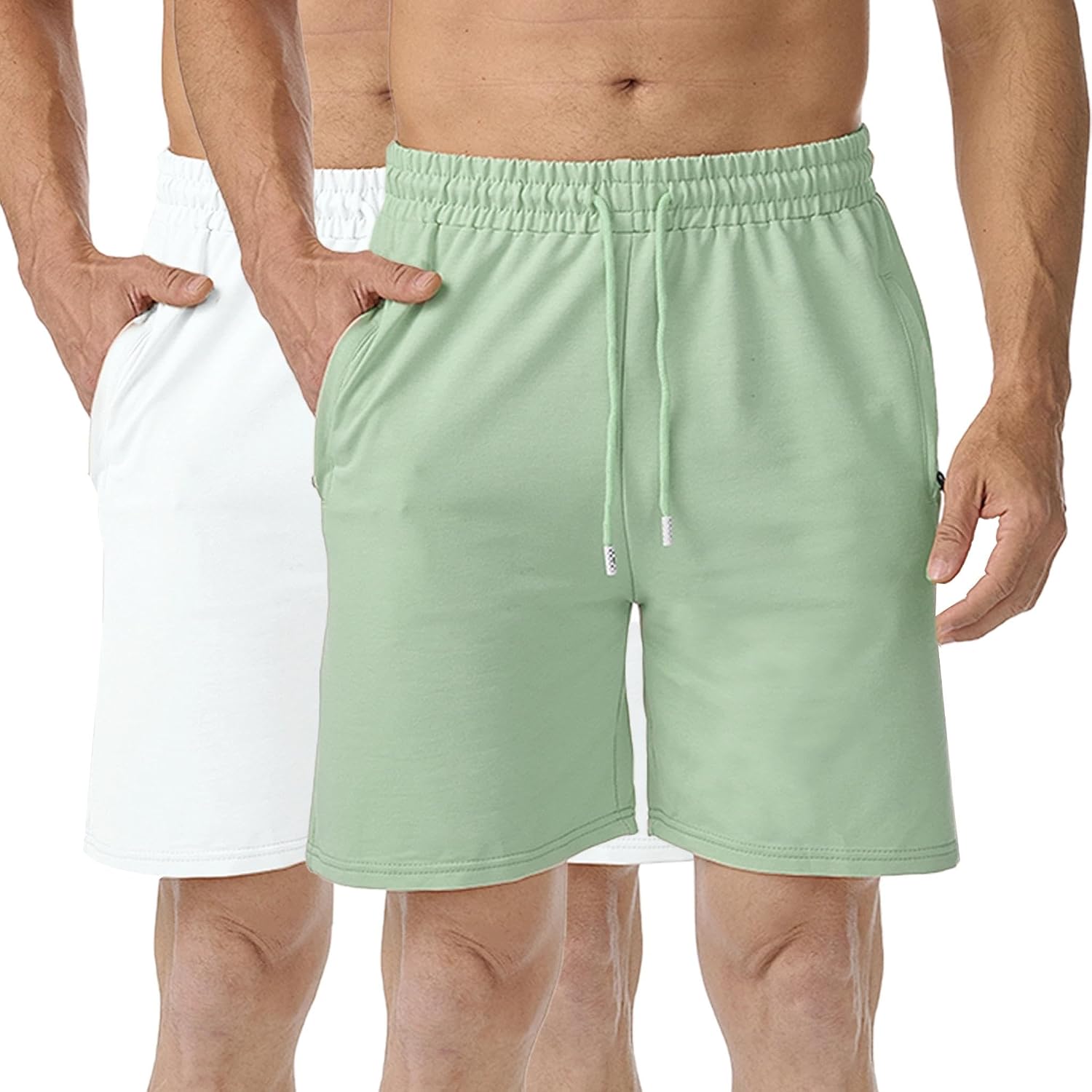 7'' Cotton Athletic Short Men, 2 Pack Mens Shorts Casual with Zipper Pockets, Workout Shorts for Men, Gym, Running