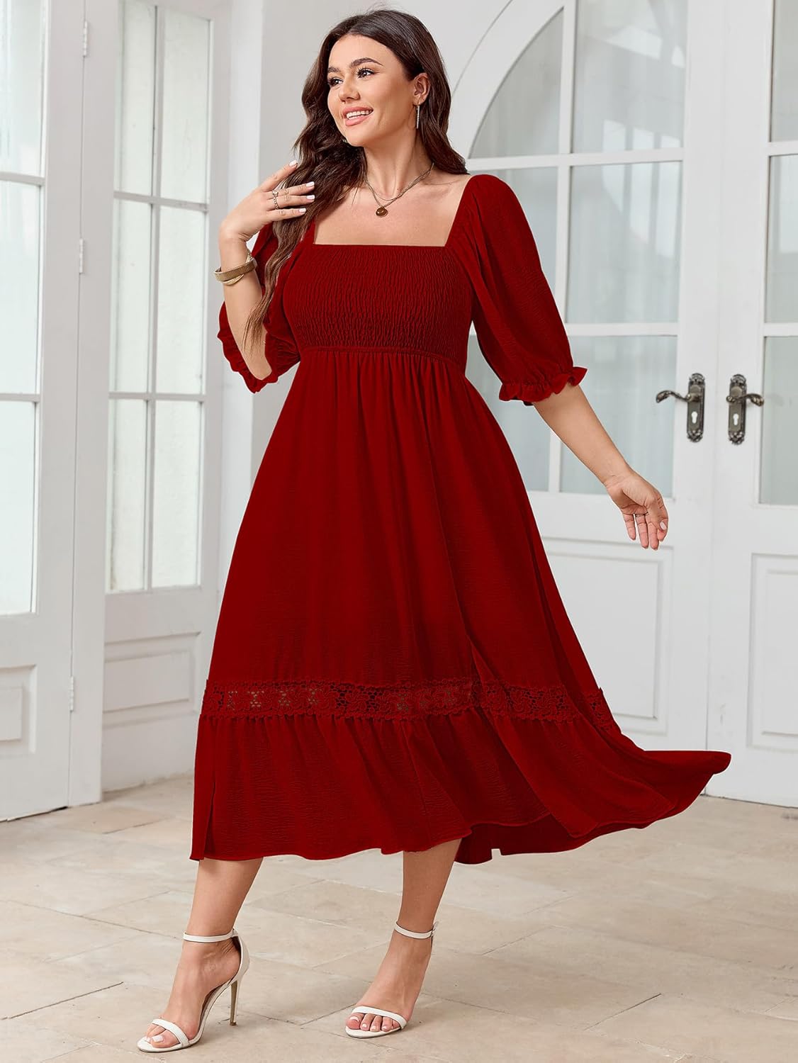 SCOMCHIC Women's Plus Size Maxi Dress Short Sleeve Square Neck Smocked Flowy A-Line Lace Trim Boho Wedding Guest Dresses - Image 7