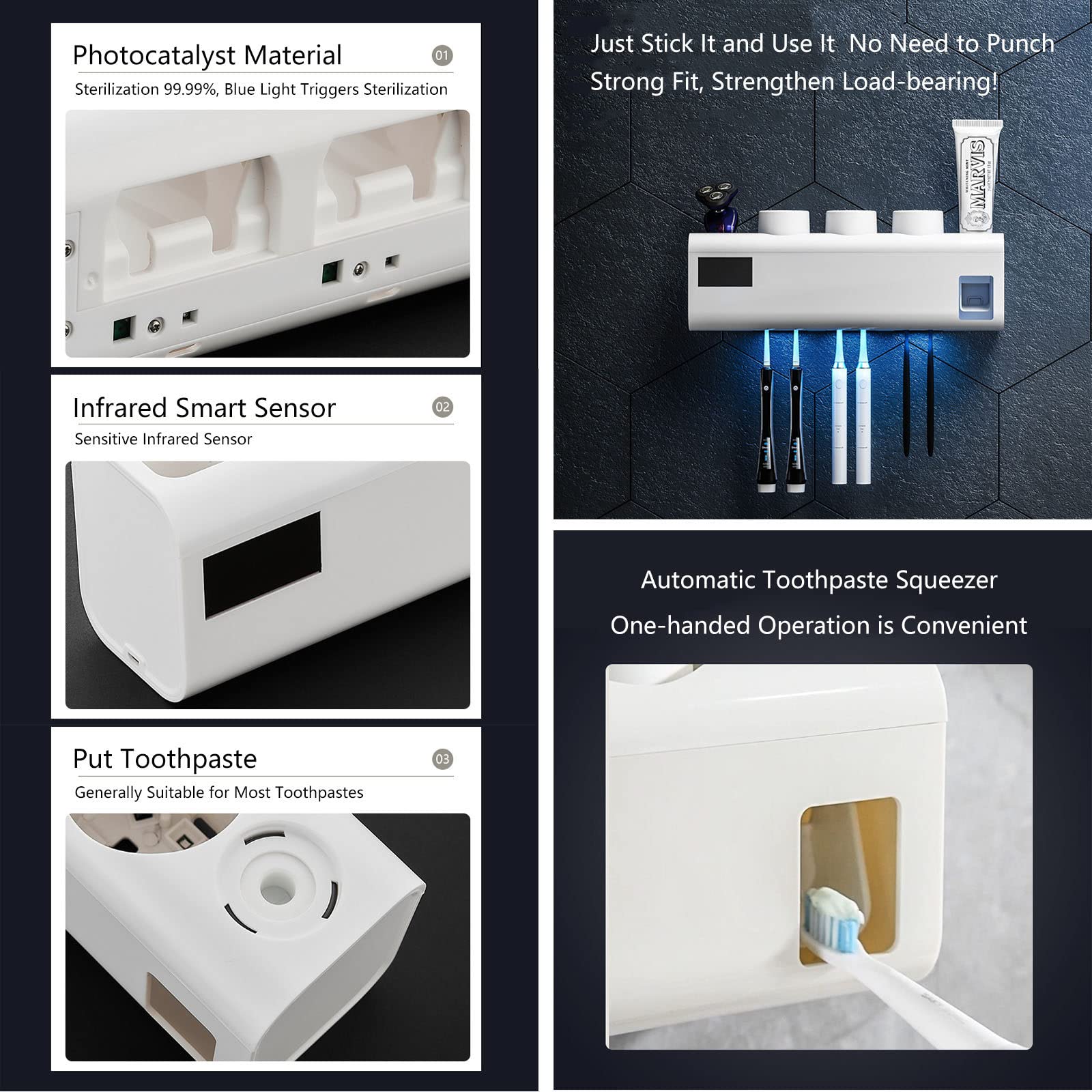 Desinfectante UV para cepillo de dientes – Soporte recargable montado en la pared para 6 cepillos de dientes y 3 tazas, función esterilizador para viajes y uso doméstico por