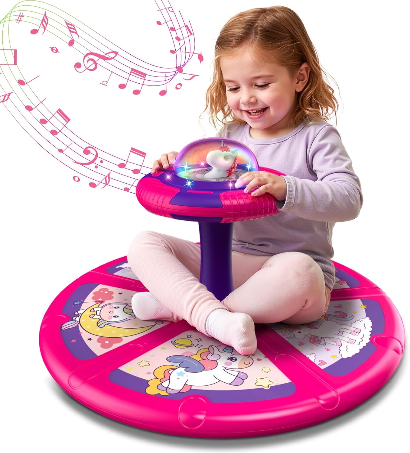 Flooyes Unicorn Sit and Spin Toys for Toddlers Girls 2 Years Old, Christmas Birthday Gifts for 1 2 3 4, with LED and Music, 360° Spin