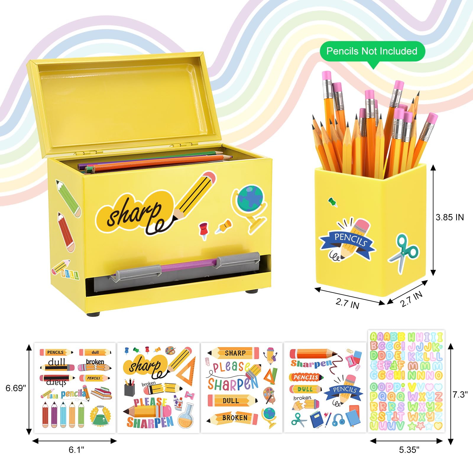 Stiftespender für Klassenzimmer, Edelstahl, Stifthalter für den Schreibtisch, Bleistiftspender-Set mit Silikon-Organizer und 5 Aufklebern, Schulanfang, Klassenzimmer, Muss für Lehrer, Gelb