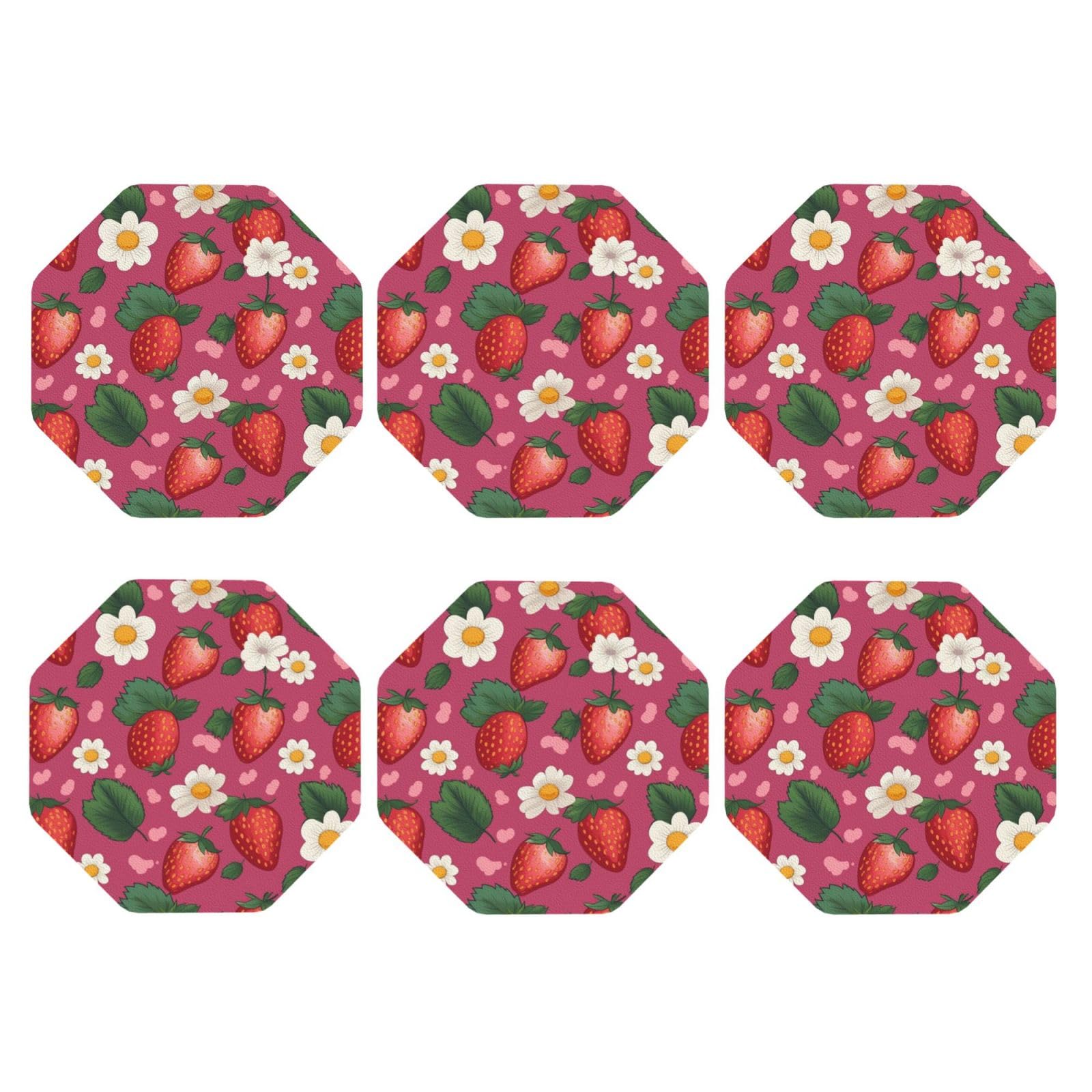 6pcs Leather Coasters for Drinks, Strawberry Drink Coasters for Tabletop Protection, 4" Cup Coasters for Coffee Table Decor, Non-Slip Drinking Cup Mat for Hot Or Cold Drink