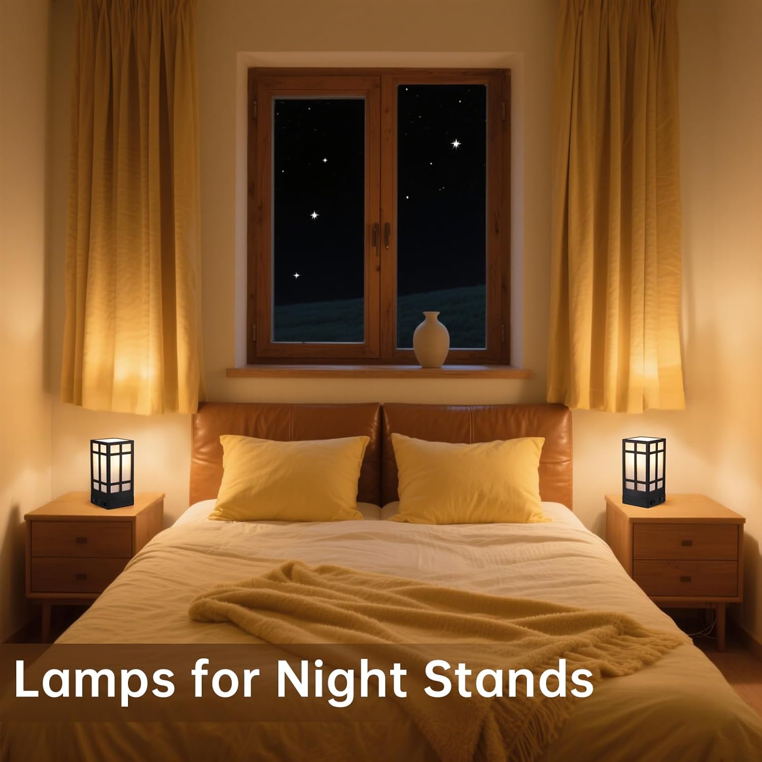 Beside Table Lamp set of 2 with AC Outlet, USB A & C Charging Port,Small Rectangular Nightstand Lamp with Bamboo Linen Shade,LED Bulbs Included,Tabletop Reading Lamp for Living Room/Dorm/Office