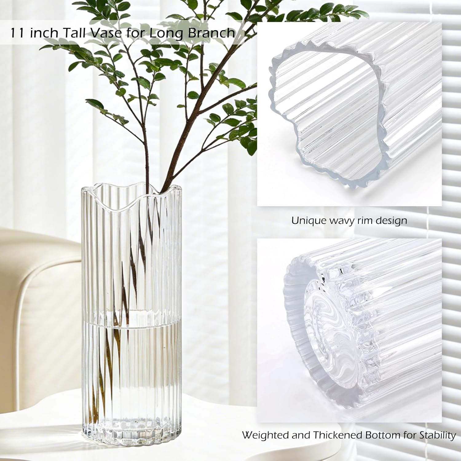 11 inch Ribbed Glass Vase,Flower vases for Bouquet,Modern Clear Glass Cylinder Vases for Flowers,Ribbed Vases for Centerpieces,Living Room,Dining Table,Office,Wedding Reception,Housewarming Gift