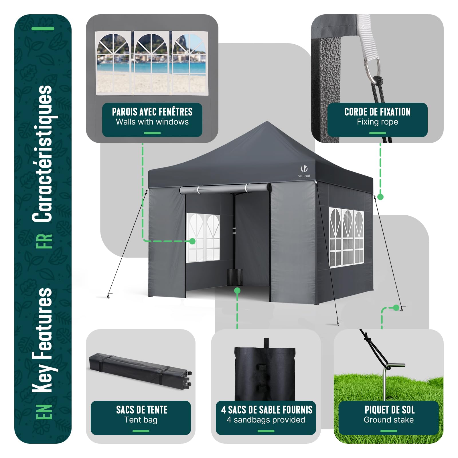 VOUNOT® Tonnelle de Jardin Renforcée 3 x 3 m Pliante avec 4 Parois Latérales et Fenêtres Barnum Robuste Sac de Transport à roulettes et Sacs de Sable Tente pour Jardin Terrasse Camping Festival Gris