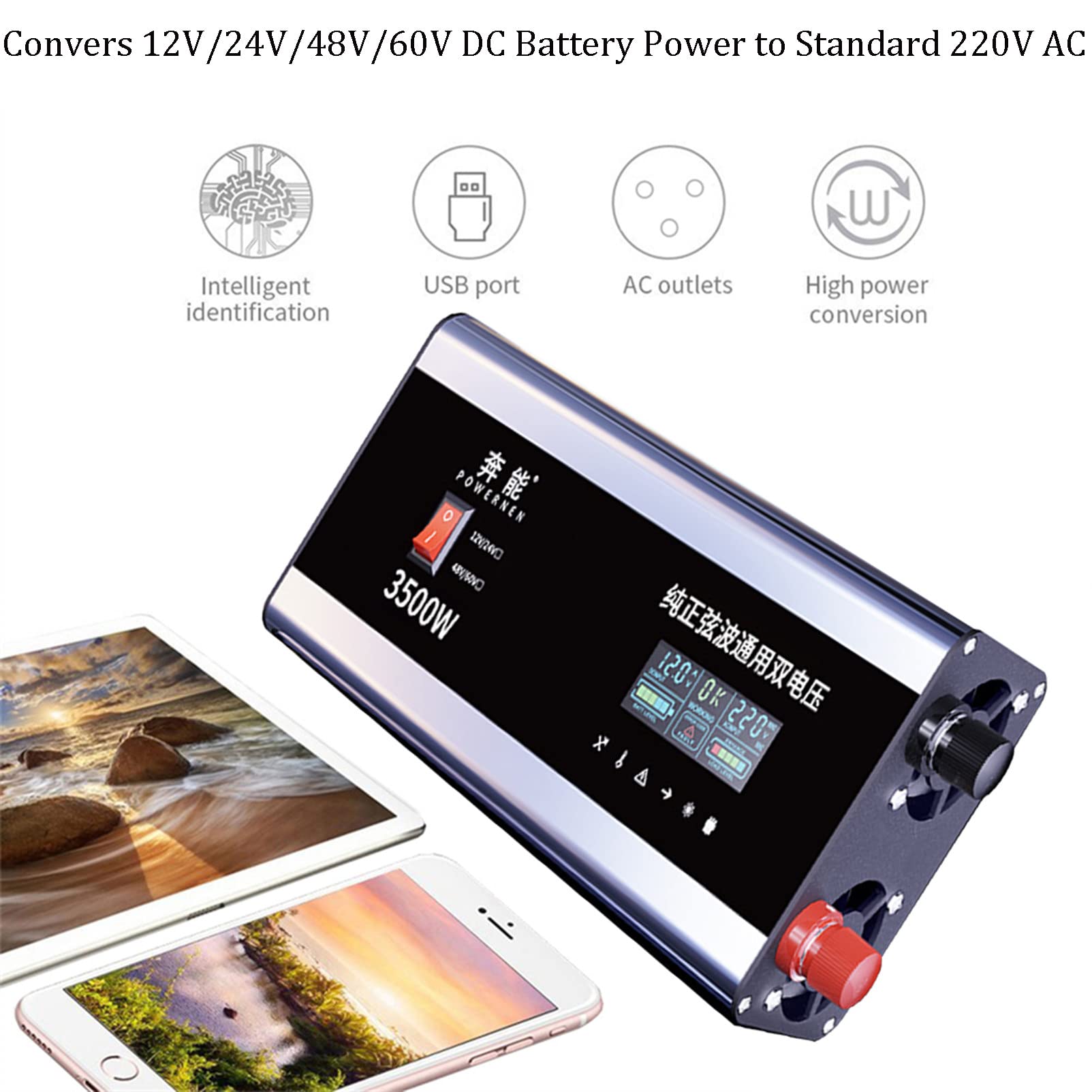 12V/24V,48V/60V Przetwornica Napięcia z Czystym Sinusem USB i 2 Gniazda AC, Motoryzacyjna Przenośna moc do Elektronarzędzi, Akcesoriów Kempingowych i Samochodowych,10000W-12V/24V