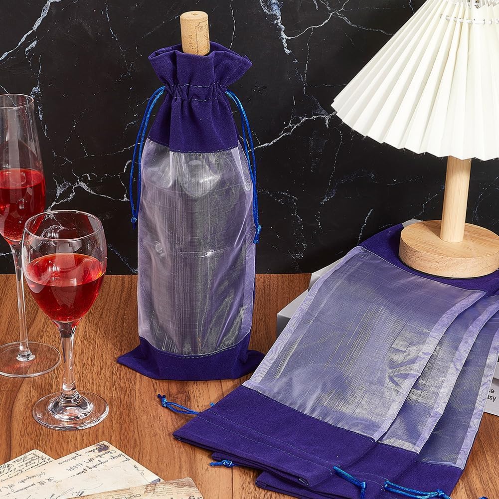 Beebeecraft 4Pcs Velvet Wine Bags with Drawstring Rectangle Dark Slate Blue Champagne Wine Bottle Gift Bags with Sheer Window for Holiday Wedding Party Birthdays Christmas Blind Tastings Home