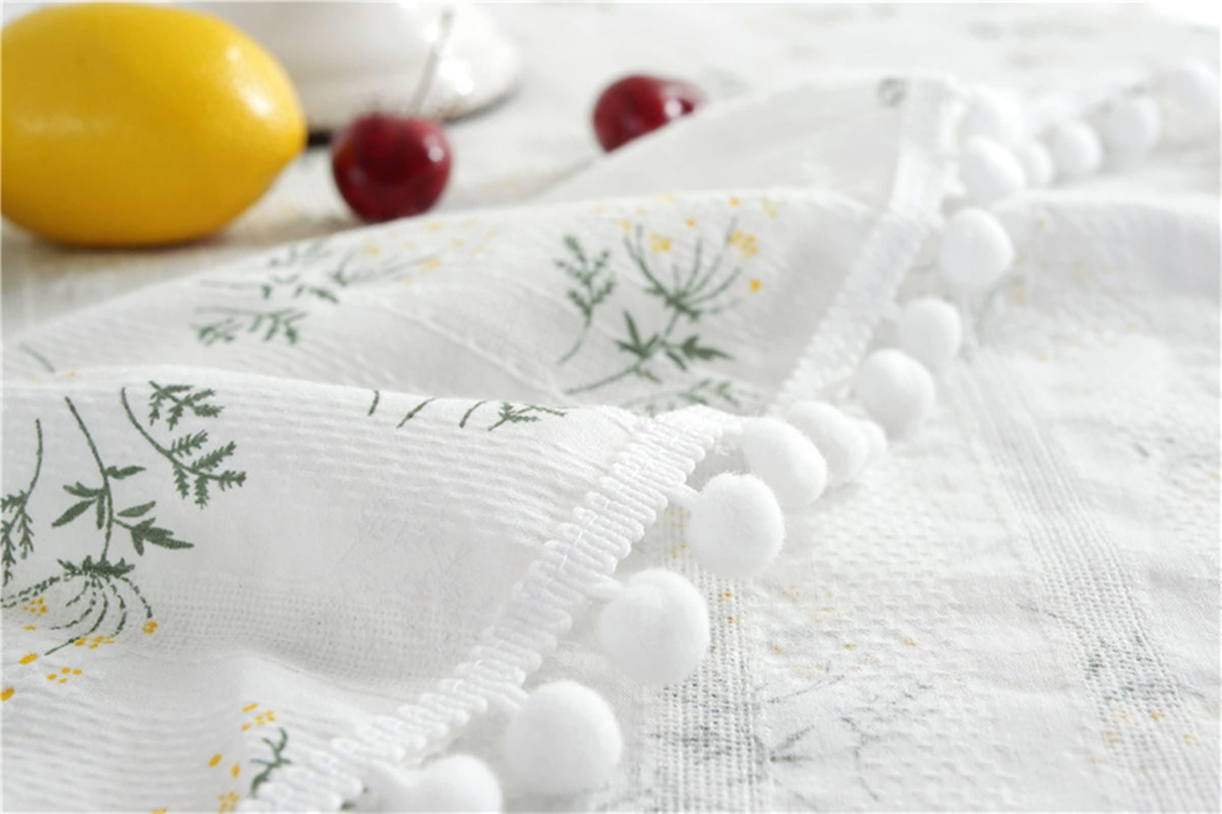 Weiß Grün Tischdecke Rund 140 cm, Baumwolle Blattmuster mit Pompons, Garten Tischdecken für Draußen
