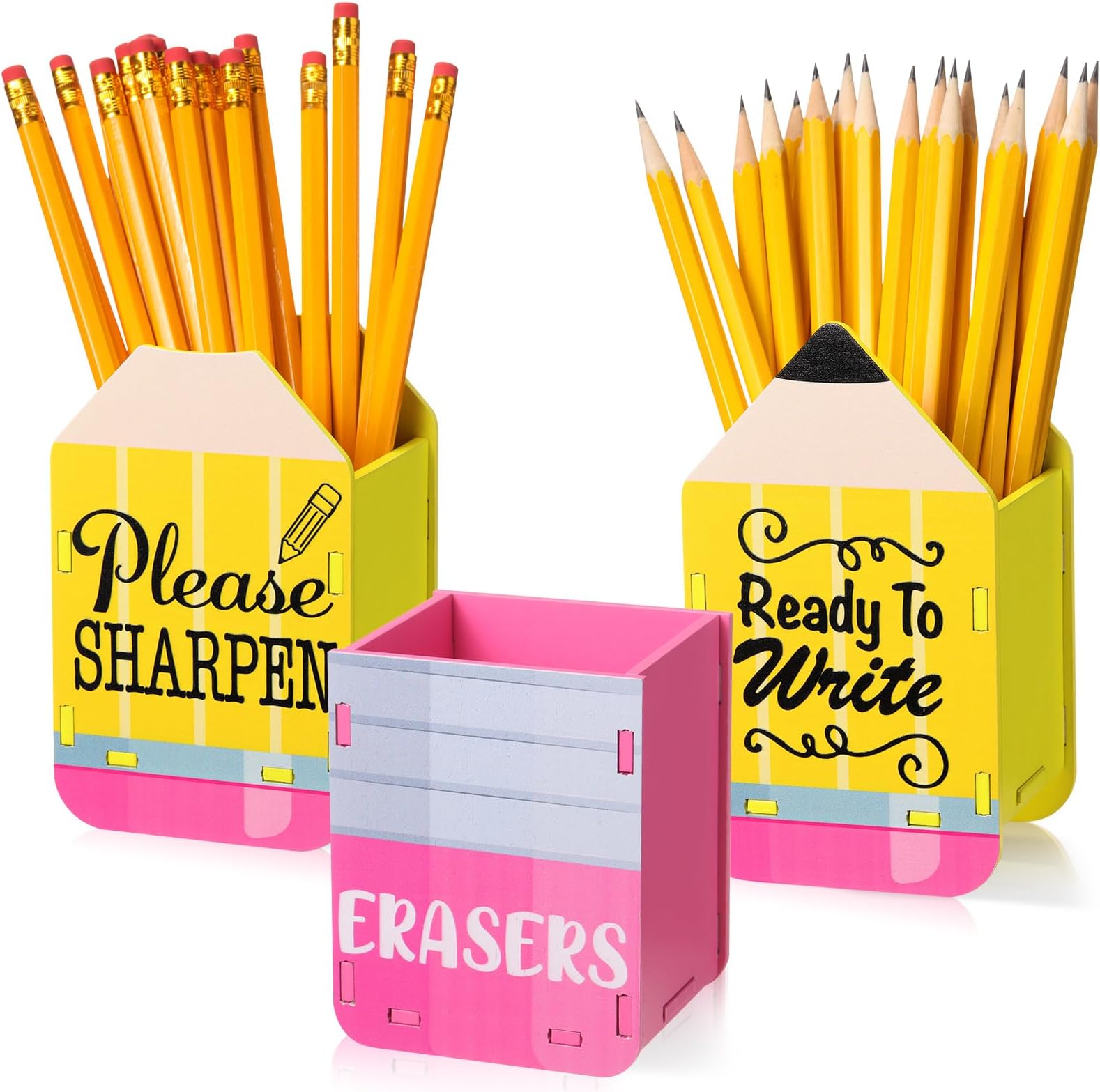 3 Pcs Sharp and Dull Pencil Holder Eraser Buckets Wooden Shaped Dispenser for Back to School Teachers Classroom Management(Yellow Ready to Write)