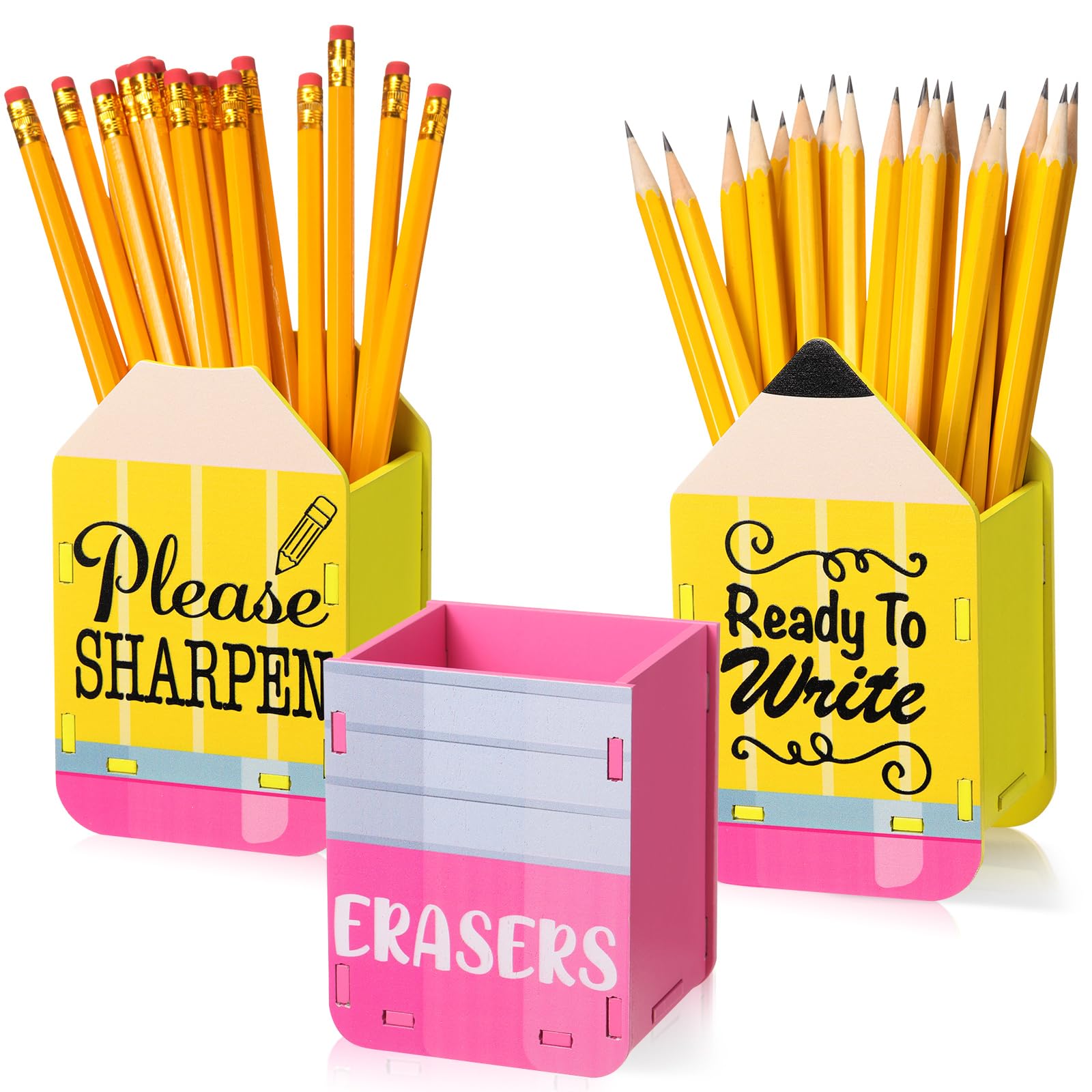 3 Pcs Sharp and Dull Pencil Holder Eraser Buckets Wooden Shaped Dispenser for Back to School Teachers Classroom Management(Ready to Write Pattern)