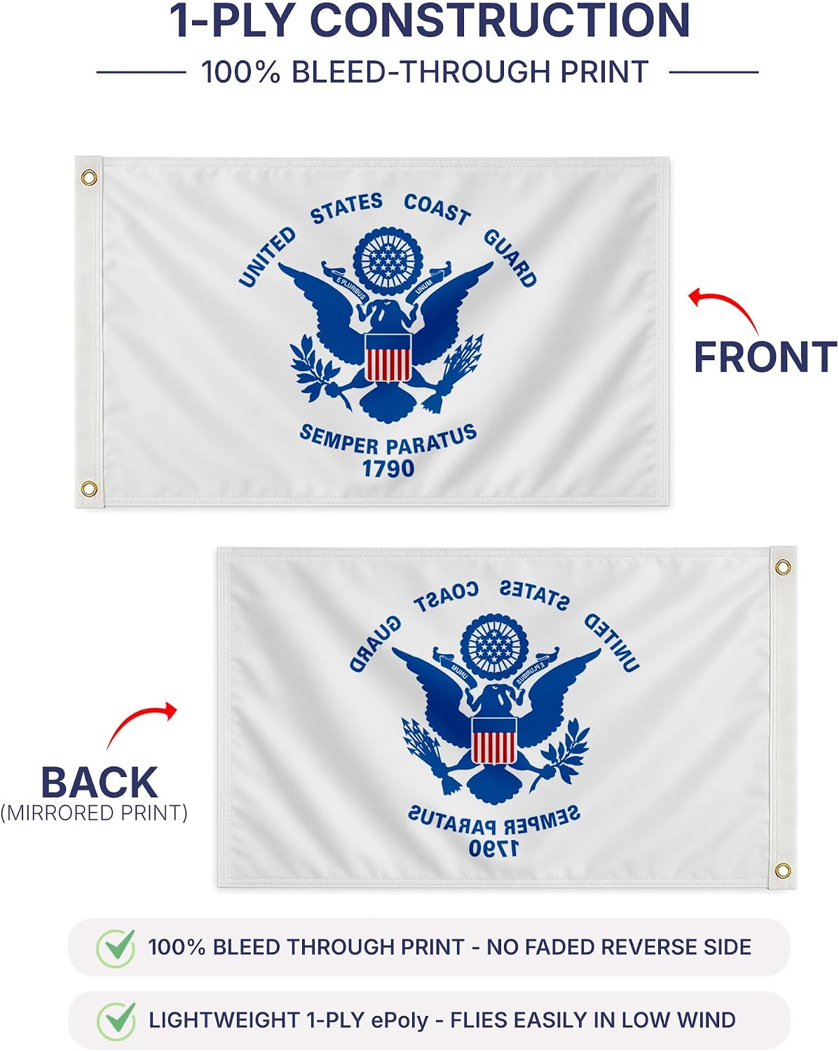AGAS United States Coast Guard Flag 2x3 Ft - Single Sided Printed Durable Polyester US Coast Guard Garden Flag