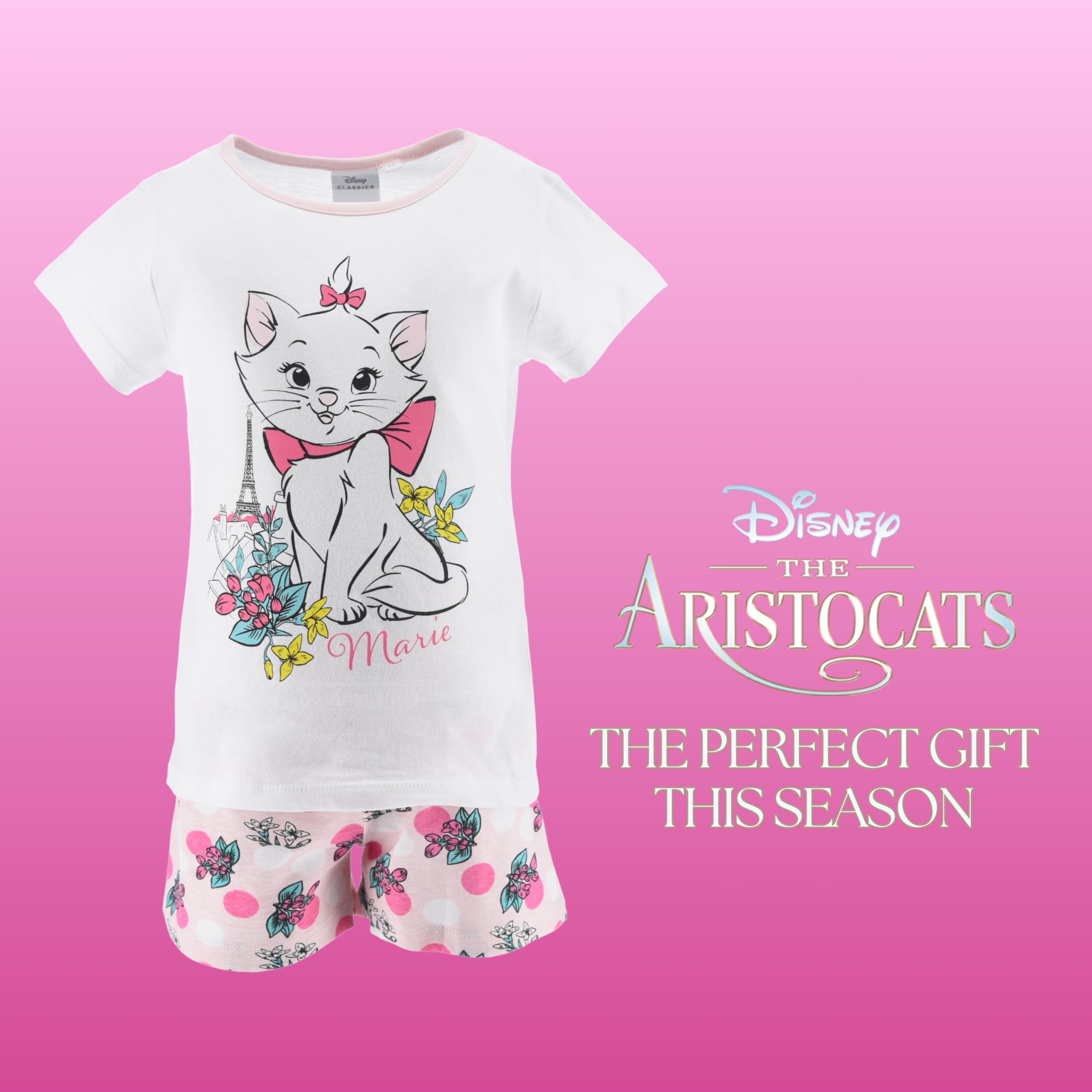 Disney Marie T-Shirt et Short pour Fille, Pyjama Fille en Coton Doux, Motif Aristochats Ensemble 2 Pièces pour Filles, Taille 4 Ans, Blanc