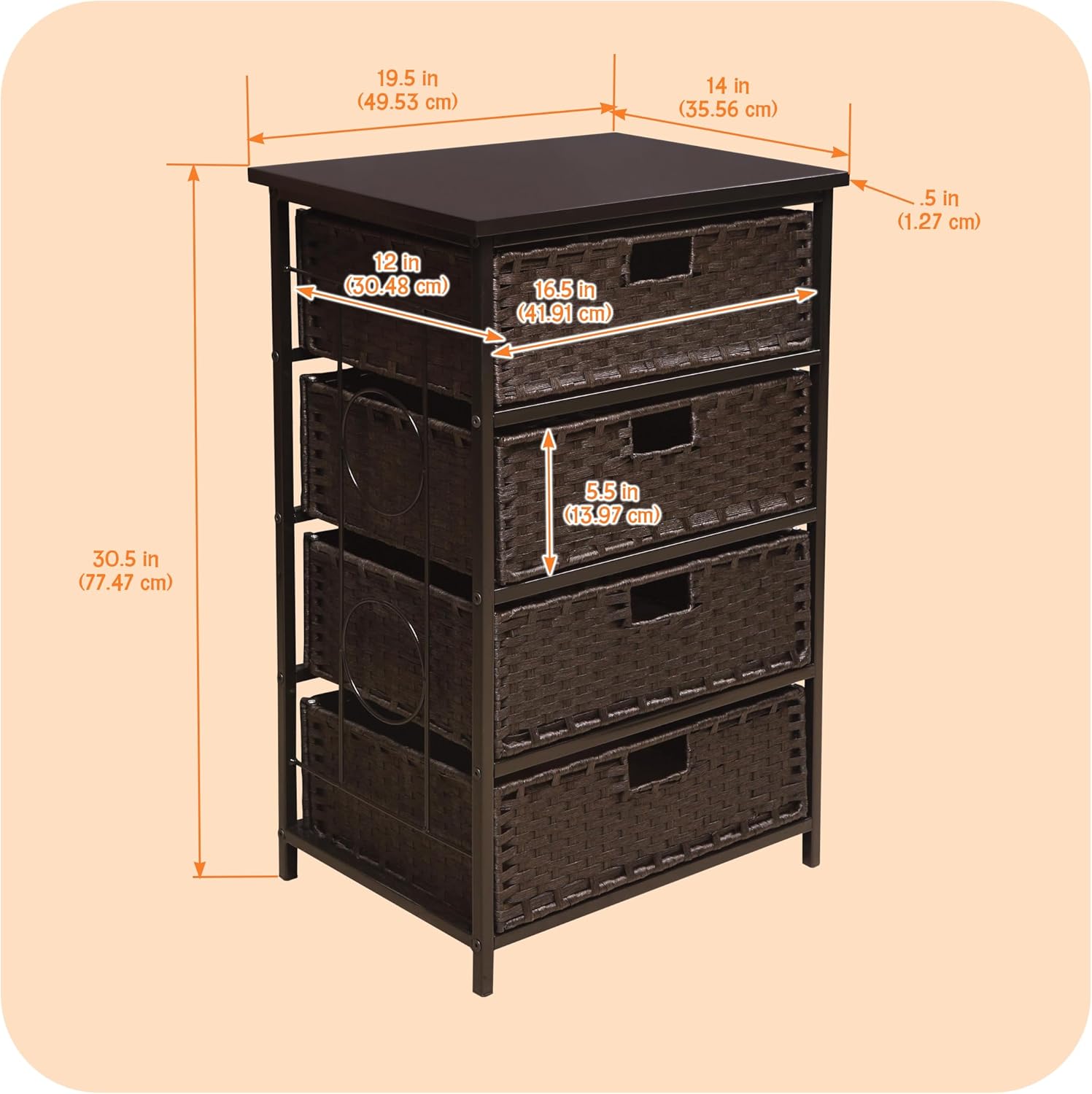 Badger Basket August Collection Tall 4-Basket Storage Unit, Espresso, Functional Storage with Sturdy Frame and Large Handle Slots, Display Surface