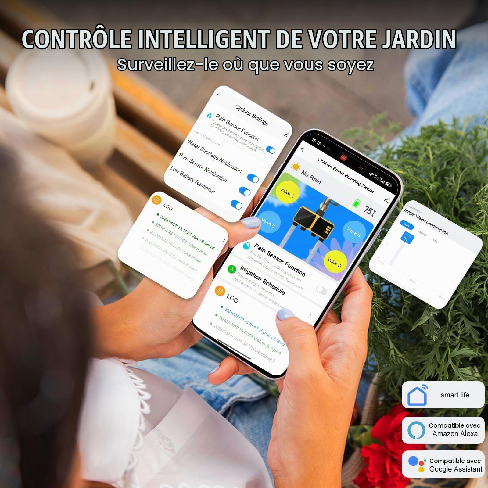 Nikou Programmateur Arrosage Automatique WiFi 4 Voies, Ordinateur d'irrigation Minuteur Arrosage Solaire avec Retard de Pluie, Compatible avec APP et Alexa, pour Jardin, Pelouse