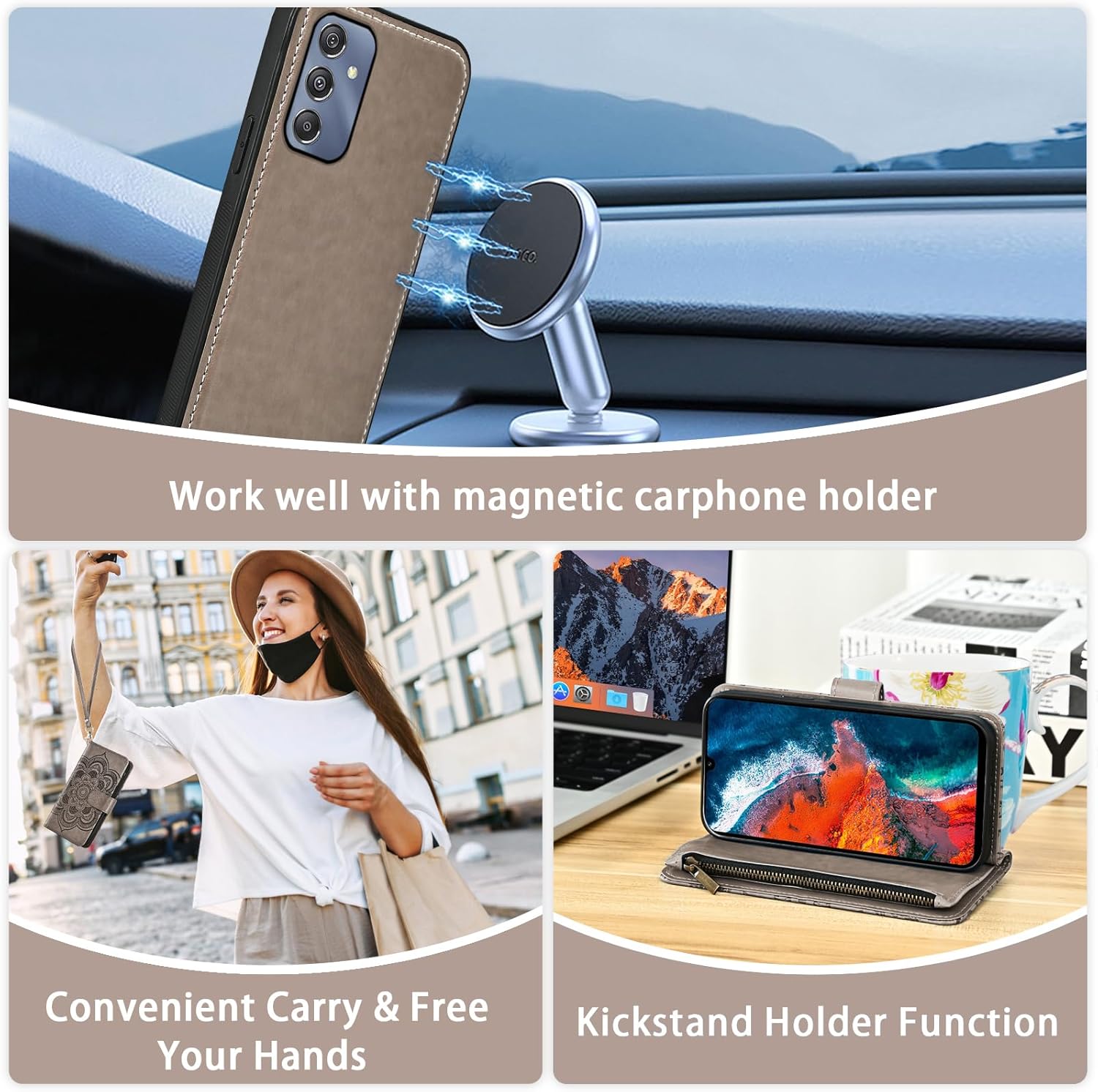 Asuwish Phone Case for Samsung Galaxy A25 5G Zipper Wallet Magnetic Detachable Cell Cover with Tempered Glass Screen Protector Crossbody Strap Flower Card Holder A 25 25A SM-A256U Women Men Girls Gray