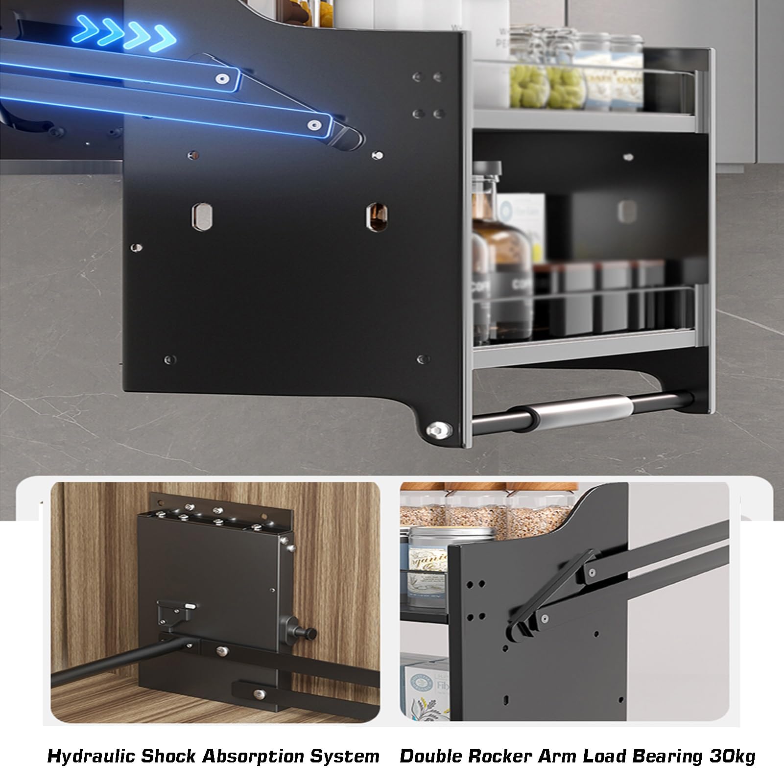 Armoire de cuisine coulissante à 2 niveaux Nizer - Capacité de 30 kg - Étagère déroulante en alliage d'aluminium pour un rangement efficace - Convient aux armoires de 500 mm - Optimisez l'espace