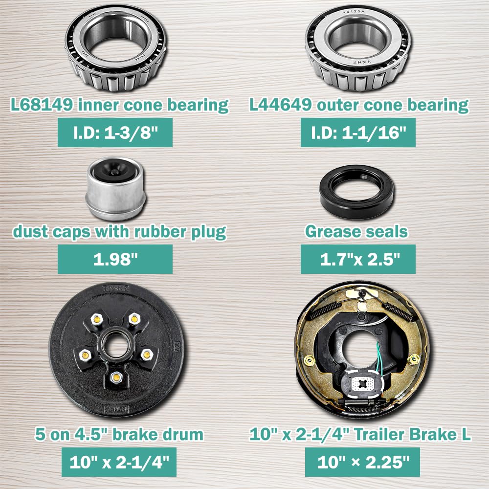 Piasty do przyczep z hamulcami elektrycznymi 5 na 11.4 cm B.C. z hamulcem elektrycznym 25.4 cm x 5.1-0.6 cm lewa strona do osi 1,587.6 kg Heavy Duty Trailer Hub Drum Brake Kit