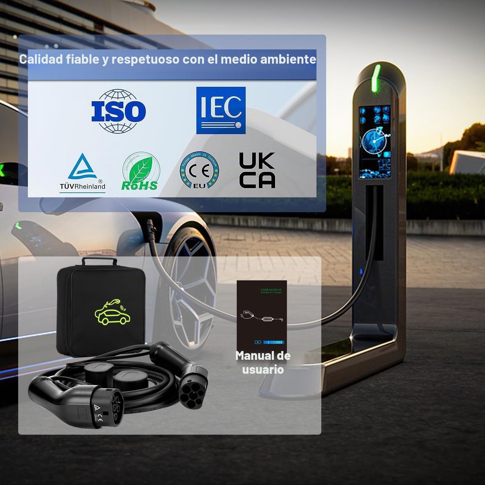 Cable de Carga Coche Eléctrico Tipo 2 32A | 22kW | Trifásico | 5 Metros | Compatible Con Coches Eléctricos Europeos BEV PHEV