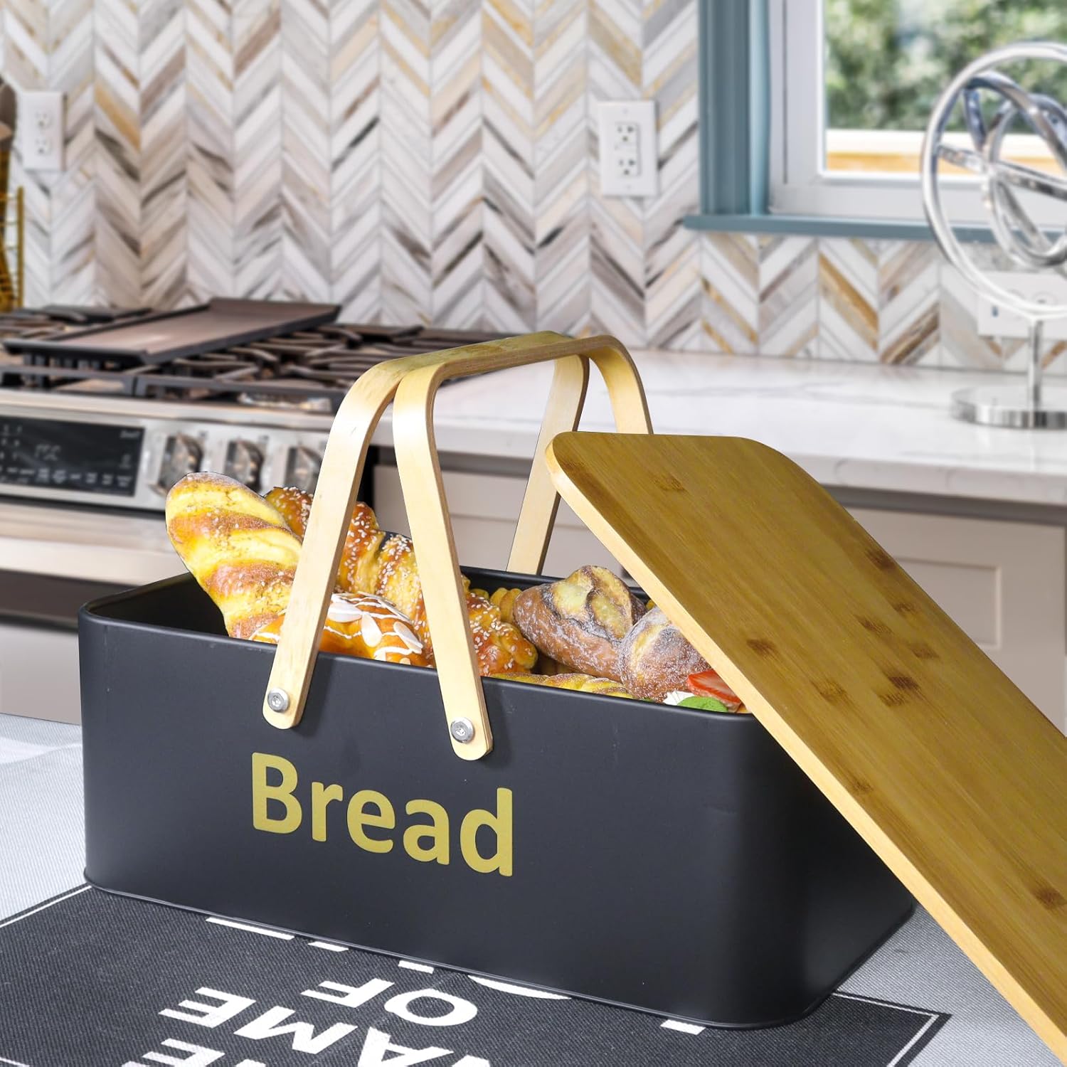 SOTECH Large Bread Box Metal Bread Bin with Bamboo Lid and Handle Portable Outdoor Bread Food Storage Container Modern Bread Box for kitchen Counter Organizer Kitchen Decor (black)