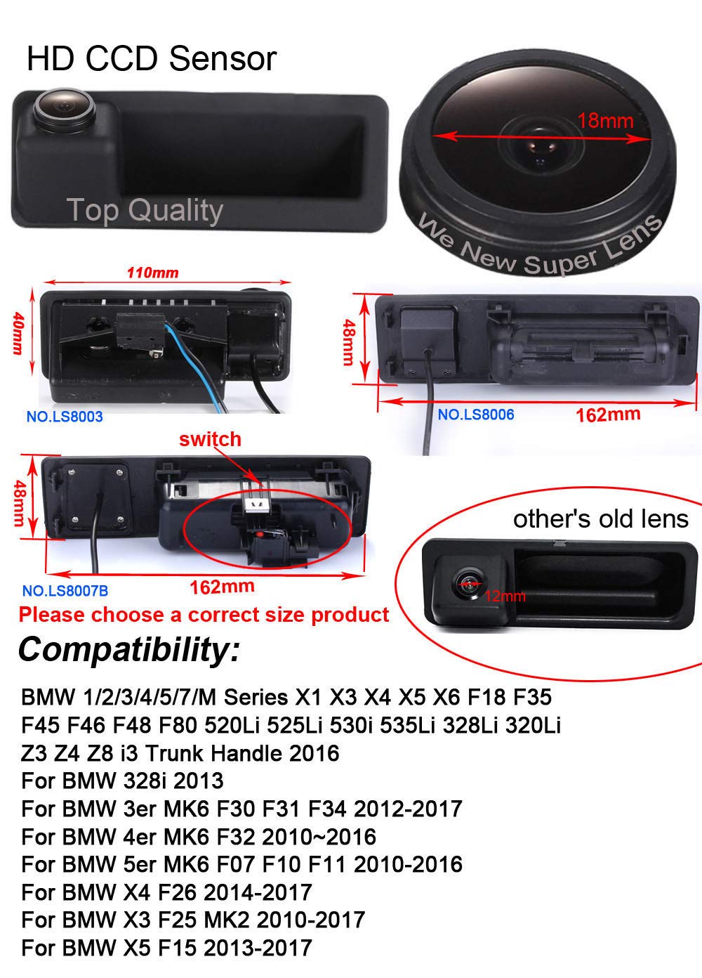 170 Degree Parking Reverse Camera,Trunk Handle Rear View Backup Camera Replacement For BMW X1 X3 X4 X5 X6 F18 F35 F45 F46 F48 F80 520Li 525Li 530i 535Li 328Li 320Li(LS8006 - View #4