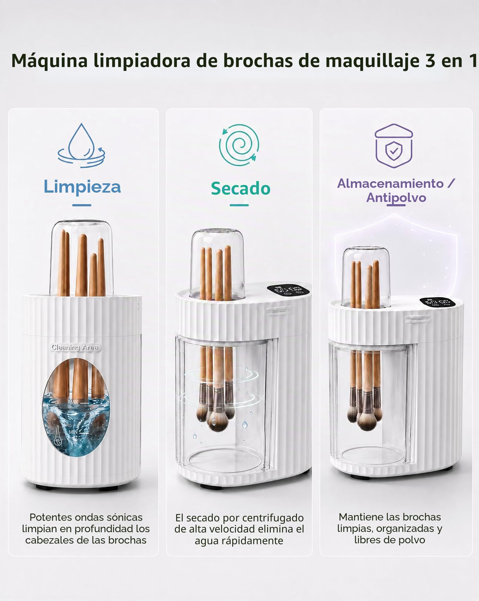 Limpiador y Secador Eléctrico 3 en 1 para Brochas de Maquillaje, Máquina Automática USB de Limpieza Profunda, Limpieza y Secado Rápido Portátil [Sin Quitar las Brochas]