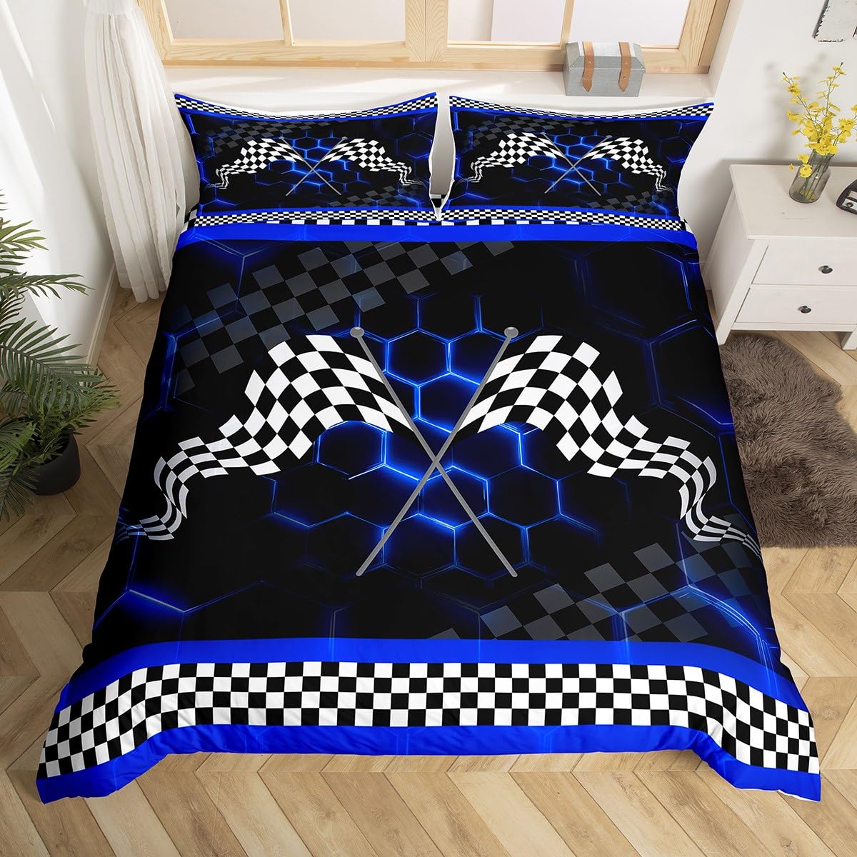Loussiesd Blue Neon Honeycomb Duvet Cover Set Super King Size For Kids Boys Teens Geometrical Hexagonal Bedding Set Black White Plaid Flag Comforter Cover with 2 Pillowcases — image 1