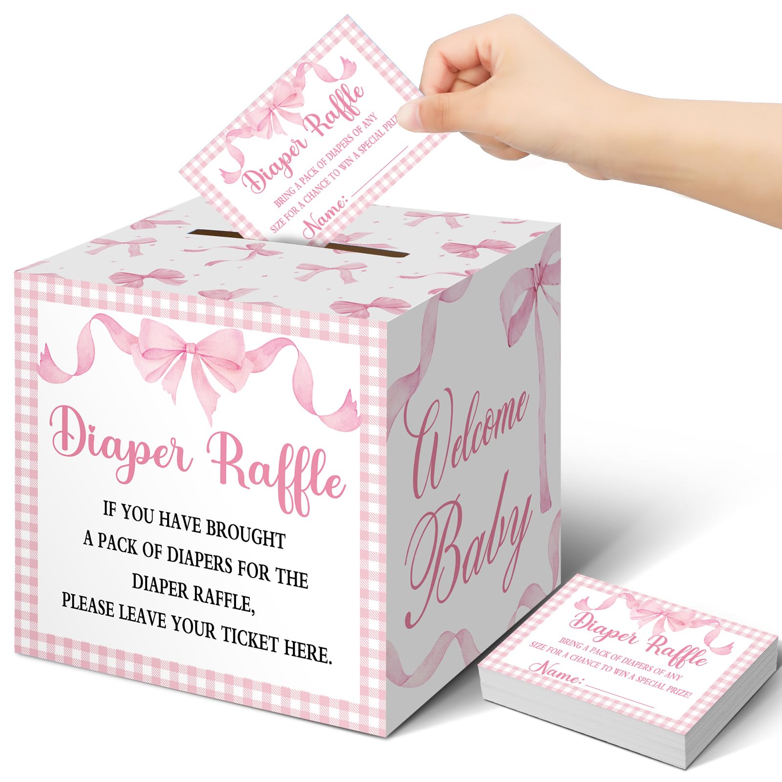 Teling 51 Pieces Diaper Raffle Tickets with Card Box,Pink Bow Style