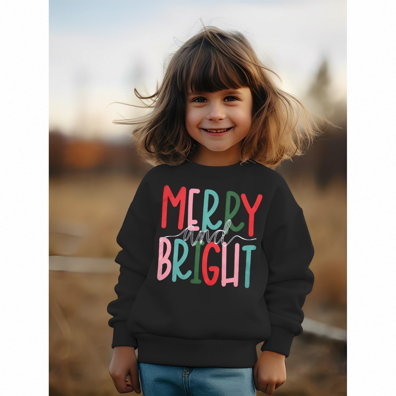 MODNTOGA Felpa girocollo Merry and Bright per bambini con scritta "Merry and Bright" (lingua italiana non garantita)