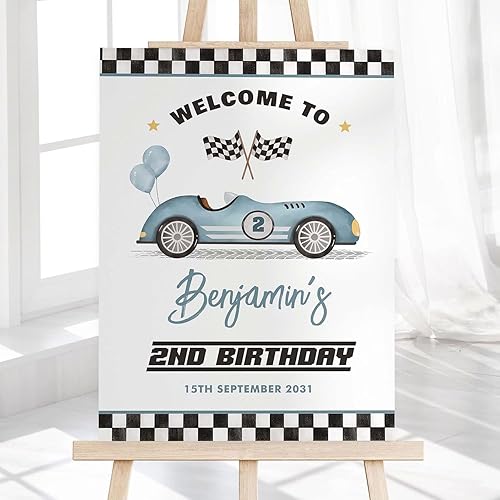 Cartel de bienvenida con texto en inglés «Two Fast Birthday» – Decoración de fiesta de coche de carreras vintage azul, cartel de entrada con tema de
