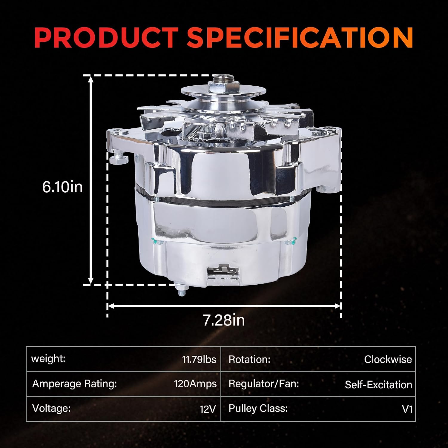 RLP Alternator Chromed 7127-SE105C Compatible with GM 305 350 BBC SBC 1-Wire Self-Exciting 110A 12V