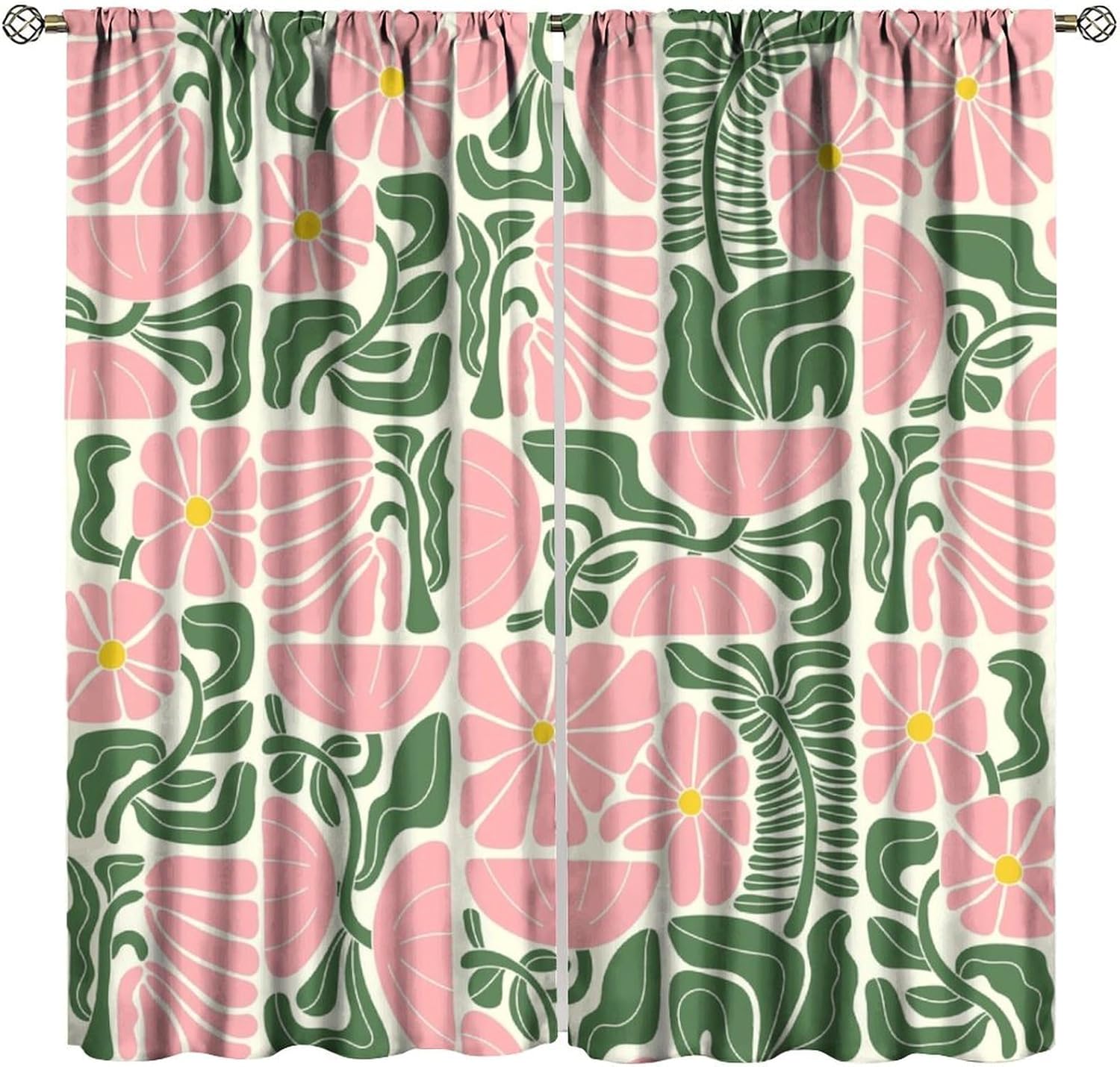 70s Floral Blackout Curtains, Retro Geometric Boho Vintage Botanical Green Pink Flower Mid Century Window Drapes, for Living Room Bedroom 21(W)*45(L) 2 Panels