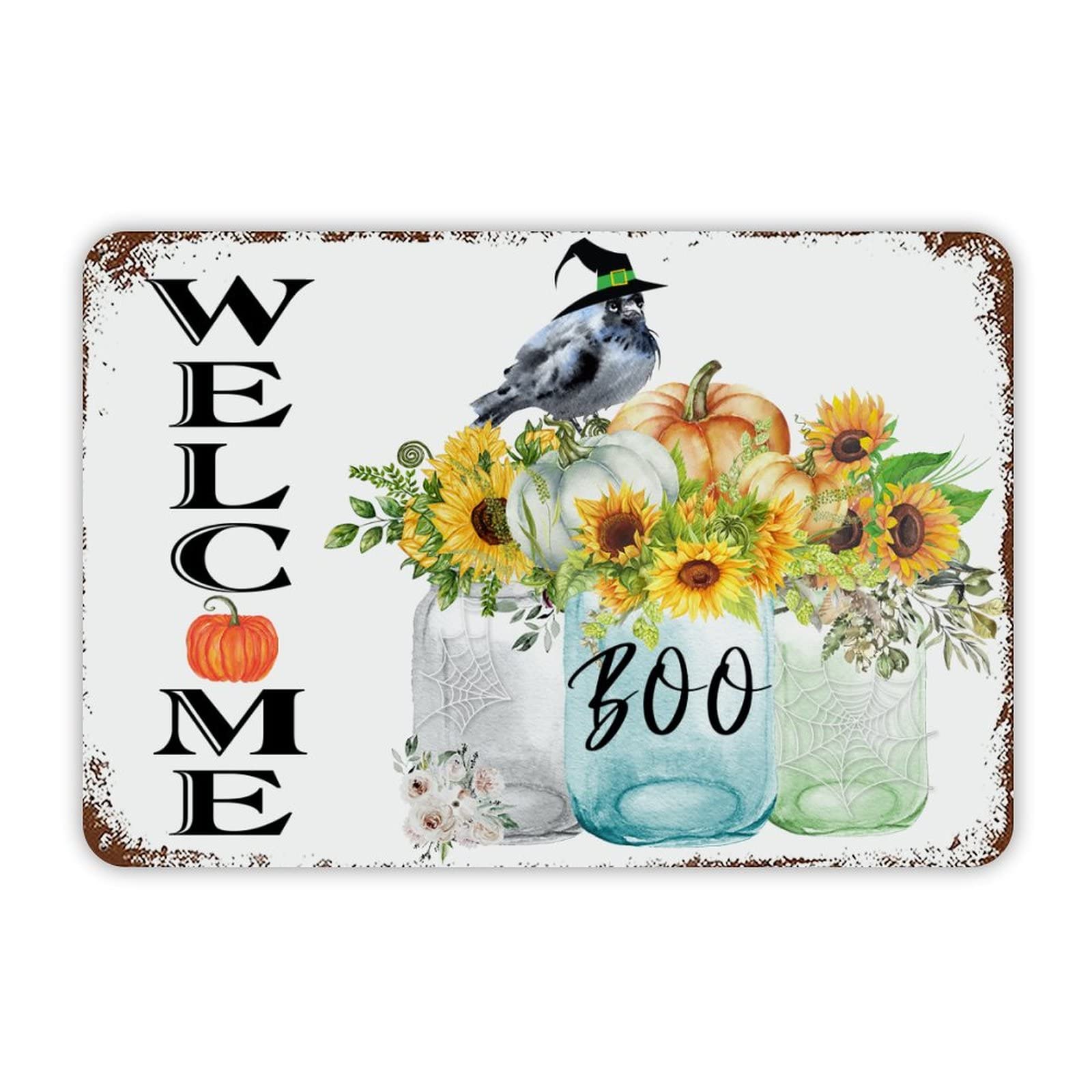 ENEDNATE Farmhouse Rustic Aluminum Sign Welcome Halloween Floral Vase Crow Metal Sign Retro Aluminum Tin Sign for Kitchen Bedroom Living Room Wall Art Door Hanger Home Decor Sign 8x12 Inch
