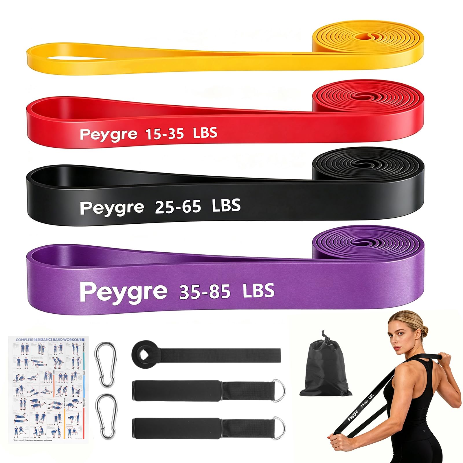 Peygre Resistance Bands Set, 4 Levels TPE, 208cm, 2 Handles & Anchor