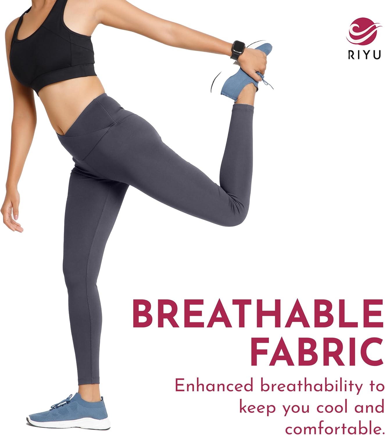 RIYU Crossover High Waisted Leggings Women's Yoga Pants Workout Clothes for Gym Activewear for Petite Sizes - Image 4