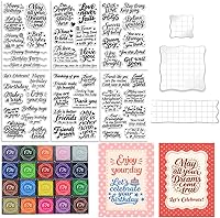 GLASSWINDS 6pcs Greeting Words Clear Silicone Stamps with 20 Color Ink Pads & 3 Acrylic Blocks - Birthday Holiday Blessings for Card Making Scrapbooking Journaling