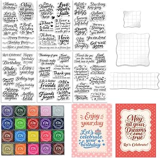 GLASSWINDS 6pcs Greeting Words Clear Silicone Stamps with 20 Color Ink Pads & 3 Acrylic Blocks - Birthday Holiday Blessings for Card Making Scrapbooking Journaling